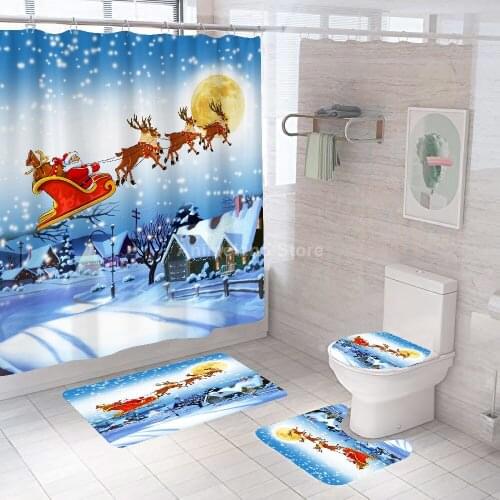 Merry Christmas 3d Shower Curtain Snowman Polyester Hooks Cloth Bathroom Curtain Festival Decor Bath Mat Set Toilet Accessories