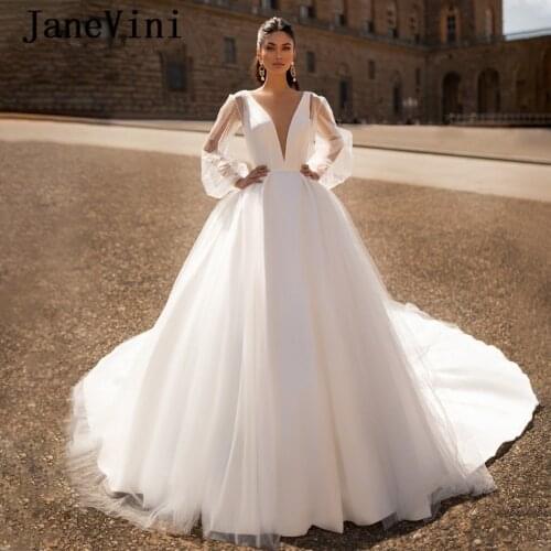 JaneVini Sexy White Ball Gown Wedding Dresses with Detachable Train Deep V Neck Robe Princesse Mariage Arabic Satin Bridal Gowns
