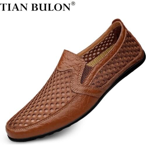 Summer Men Casual Shoes Leather Breathable Hollow Out Mens Loafers Luxury Brand Moccasins Men Slip on Driving Shoes Plus Size 46