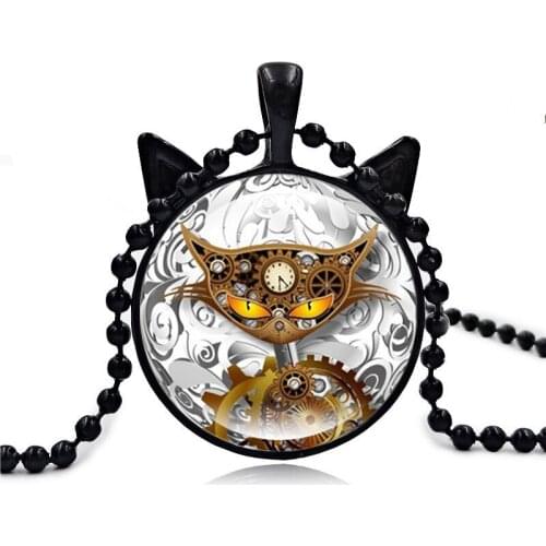 Restoring Ancient Ways Mechanical Cat Time Precious Stone Necklace Pendant Cat Ear Glass Charm Gift For Women Jewelry