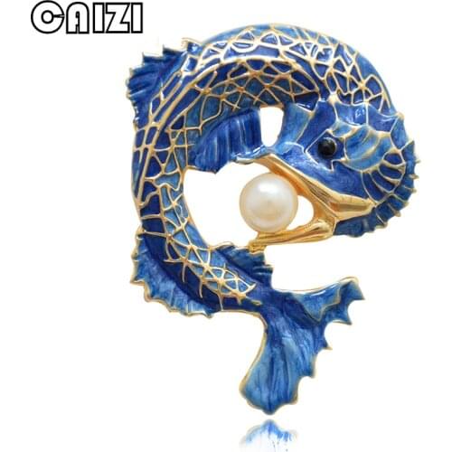 CAIZI New Blue Dragon Brooch Cute Fish Animal Brooches For Women Simulated-pearl Enamel Pin Wedding Jewelry Clothes Accessories
