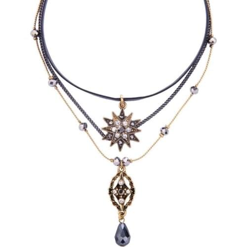 2021Unique Brand Retro Jewelry Black Leather Choker Necklace Crystal Flower Tear-Drop Pendant Antique 3 Layers Necklace Vintage