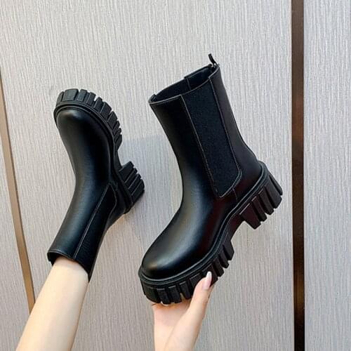 2021 Women Chelsea Boots Females Round Toe Back Zipper Thick Soled Solid Color Leather Shoes Ladies Casual Elegant Sexy Footwear