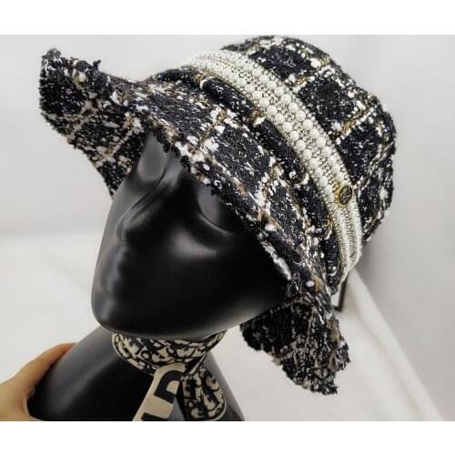 Brand Fashion fisherman hat Women Plaid Tweed Bucket Hat with Mini Sequins Ladies Winter Checks Hats with Raw Edges Female Hats