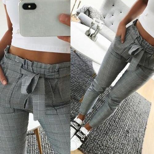 Women Fashion Plaid Pleated High Waist Skinny Pencil Pants Trousers with Sash Pencil Pants Trousers Pencil Pants Trousers women