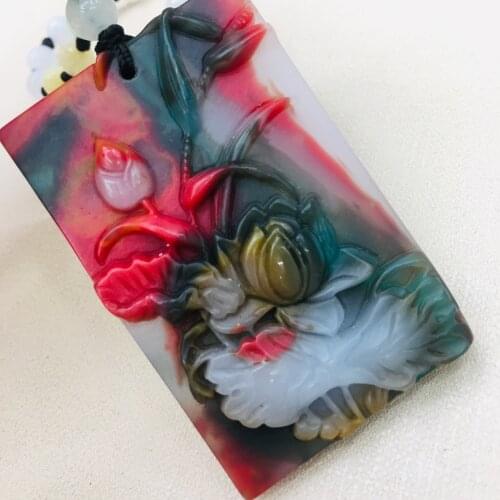 Pure natural colorful jade hand-carved colorful flower pendant with three-color bead necklace men and women sweater chain