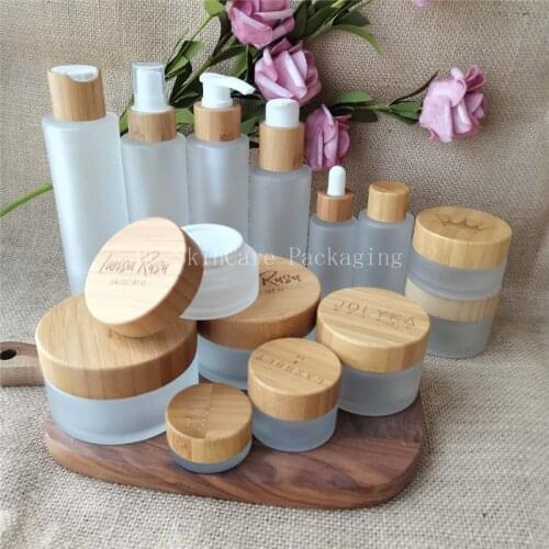 Eco Friendly Matte Glass Engraving Logo Bamboo Glass Bottles and Jars Cosmetic Container Packaging Skin Care Tools Bulk