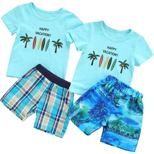 Citgeett Summer Kids Baby Boys Outfit Coconut Tree Letter Printing Short Sleeve Top + Beach/Plaid Shorts Clothes Set