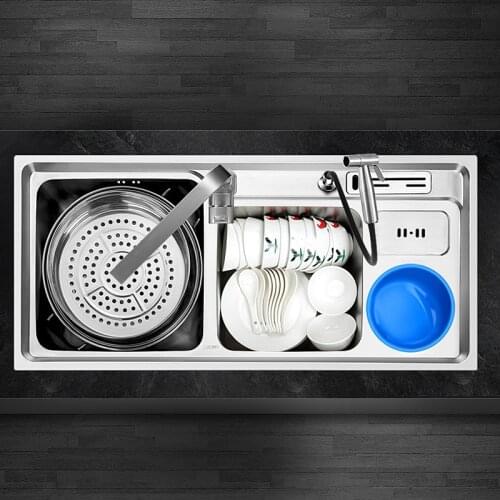 304 Stainless Steel Nano Sink with Trash Can Multi-function Kitchen Sink Thickened Double Slot Kitchen Bowl Set Above Counter
