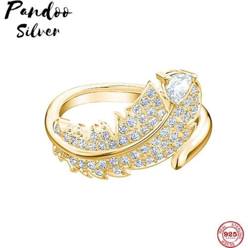 PANDOO Fashion Charm Pure 925 Silver Original 1:1 Copy, Light Golden Feather Fashion Wild Ring Ring Female Luxury Jewelry Gifts