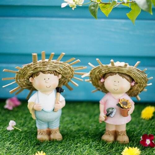 Pastoral Straw Hat Children Characters Resin Ornaments Garden Courtyard Furnishings Crafts Outdoor Balcony Sculpture Decoration