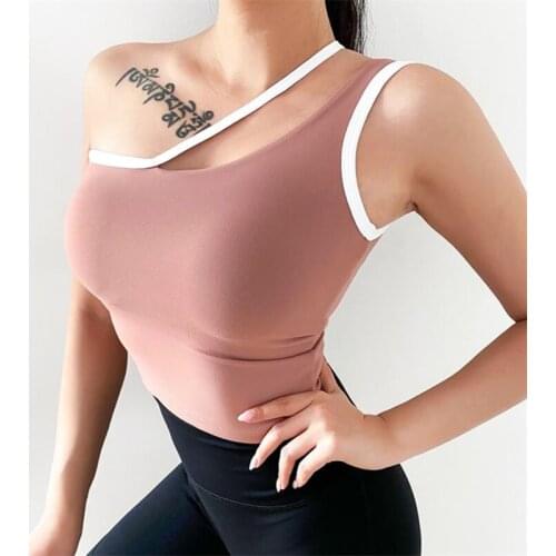 Removable Chest Pad Yoga Crop Top Single Shoulder Sport Vest Shockproof Running Workout Shirts Training Tight Top