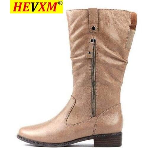 Vertvie Womens Shoes 2020 Winter Boots Women Mid-calf Thick Heels Lady Boots Side Zipper Point Toe Comfortable PU Leather Shoes