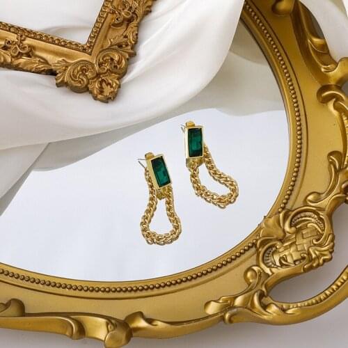 TARCLIY Vintage Green Rhinestone Metal Chain Tassel Earring Long Chain Drop Earring Temperament Women Party Fashion Jewelry