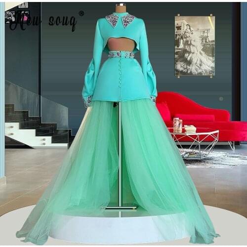 Middle East Mini Evening Dresses Two Pieces Crystals Rhinestones Women Party Dress 2021 Haute Couture Sky Blue Long SLeeve Gown