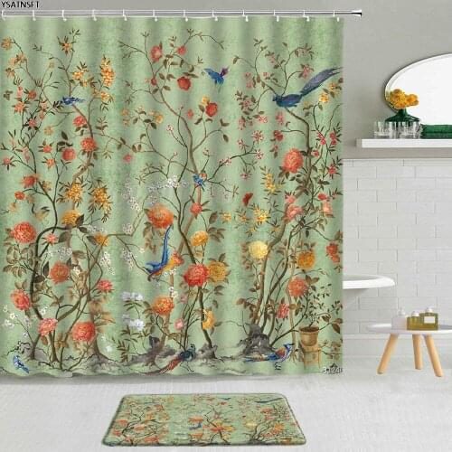 2Pcs Chinese Style Flower Bird Shower Curtain Green Background Floral Retro Pattern Non-Slip Bath Mat Bathroom Curtains Pad Set