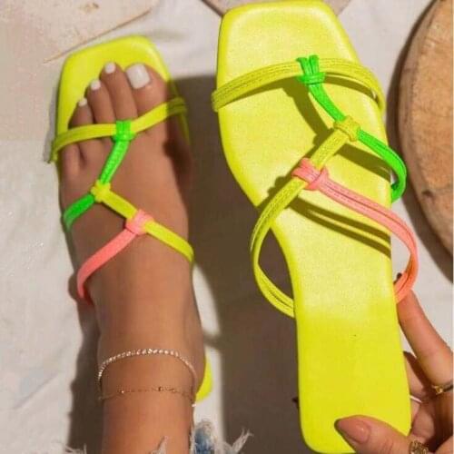 2021 spring/summer yellow thick-soled viscose shoes flat heel women slippers rhinestone artificial PU casual low-heeled sandal