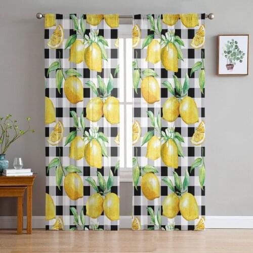 Watercolor Lemon Plaid Window Treatment Tulle Modern Sheer Curtains for Kitchen Living Room the Bedroom Curtains Decoration