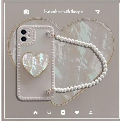 Korean Love Heart Holder Stand Pearl Bracelets chain DIY Phone case for iphone 12 Pro Max MiNi 11 Pro XR X XS 7 8 plus SE 2020