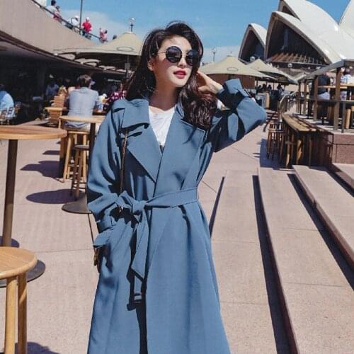 X-long Fashion Vertical Texture Suit Collar Lace Up Waist Windbreaker Coat Womens Haze Blue Ol Temperament Knee Length Coat