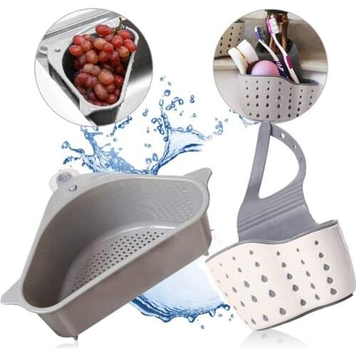 Sink Strainers Basket, Triangular Drain Shelf Storage Holder with Suction Cup for Support Corner Rack for Kitchen (Gray)
