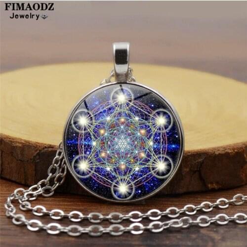 FIMAODZ Metatron Cube Necklace Vintage Sacred Geometry Flower of Life Glass Crystal Pendant Energy Structure of Universe Jewelry