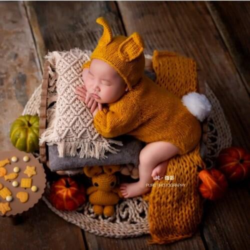 Newborn Photography Clothing Cute Baby Knit Hat+Jumpsuit+Doll Set Infant Photo Props Accessories Newborn Shoot Rabbit Clothes