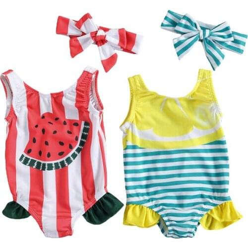 Baby Girls Summer Bodysuit Swimsuit, Sleeveless Fruit & Stripe Print U-shaped Neck Ruffle Swimwear + Headband 3-24Months