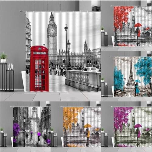 London Big Ben Paris Tower Shower Curtains Street View Architecture Bath Curtain Couple Home Bathroom Decor Valentines Day Gift