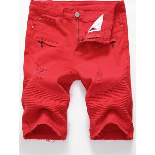 Solid Elastic Mens Ripped Short Jeans Hollow Out Bermuda Summer Red Distressed Hole Shorts Cowboys Knee Length Denim Shorts Male