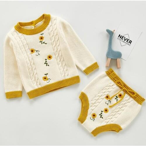 Autumn Newborn Baby Girls Knitted Sweater Cardigan+shorts Set Flower Embroidered Infant Baby Kids Sweater Set