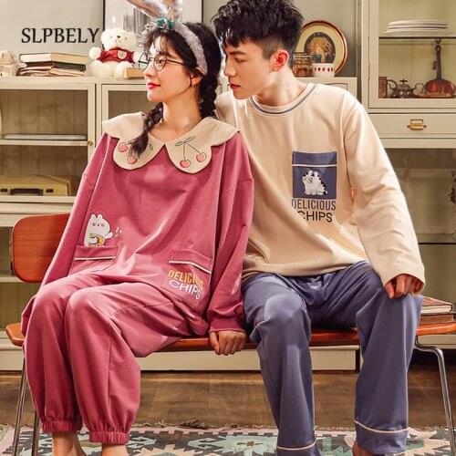 SLPBELY Couple Pajamas Set Nightsuit Autumn Lovely Cartoon Lapel Long Sleeve Men And Women Pyjamas Lovers Homewear Sleepwear