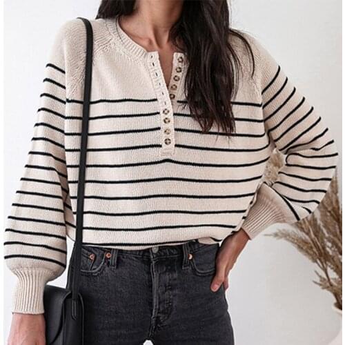Foridol Knitted Button Up Striped Oversized Pullovers Female Vintage Autumn Winter Lanterm Sleeve Beige Sweater Jumpers 2021