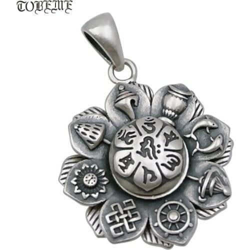 Handmade 925 Sterling Buddhist 8 Auspiciou Symbols Pendant 925 Silver Tibetan Six Words Pendant Tibetan Good Luck Amulet Pendant