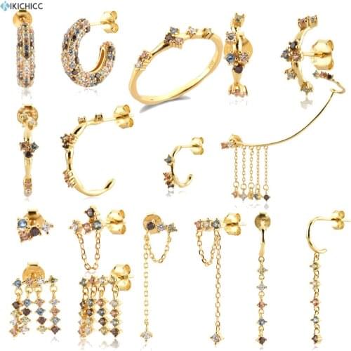 KIKICHICC 925 Sterling Silver Gold Sage Zircon CZ Stud Earring Drop Piercing Five Fox Ring Bracelet Chain Necklace Jewelry Set