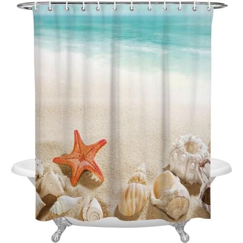 Ocean Beach Starfish Shell Shower Curtain Waterproof Polyester Fabric Bathroom Curtain Home Bath Curtain with Hook