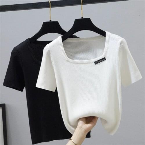 Thin Knitted T Shirt Women Clothes 2021 Summer Woman Short Sleeve Appliques Tops Casual T-Shirt Tee Shirt Femme Camisetas Mujer