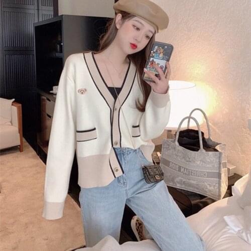 Knit Cardigan Short Outer Wear Womens 2021 New Autumn Casual Splicing Cardigan Top Daily Wear Blusa De Frio Feminina En