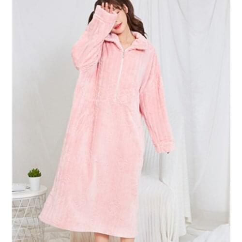 Fdfklak M-XXL Plus Size Sleepwear Night Dress Women Nightwear Winter Flannel Sleeping Dress Pink Long Sleeve Nightgowns