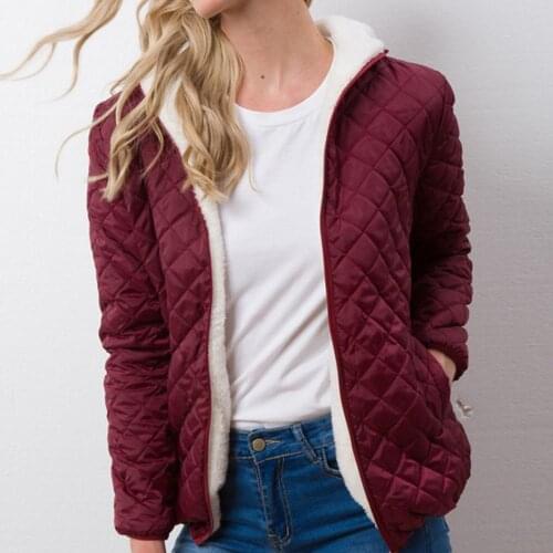 Women Autumn Winter Check Pockets Parka Jacket Plush Liner Hooded Outerwear Coat