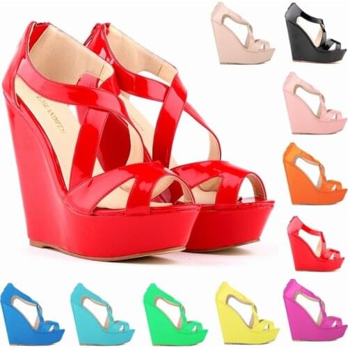 2020 European Summer Women Sandals Candy Color Round Toe PU 14CM Wedges High heels Slip On ZIP sandal for women shoes size 35-42