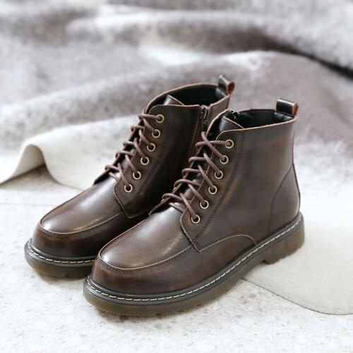 QPFJQD Retro British Style Women Winter Motorcycle Boots Zipper Genuine Split Leather Student Martin Ankle Booties Spring Autumn