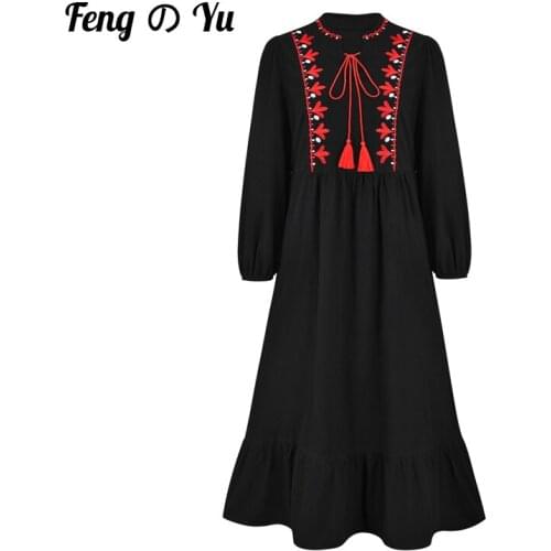 2021 Ramadan Embroidered Dress Muslim Womens Long Sleeve Robe Islamic Clothing Dubai Turkish High Waist Robe