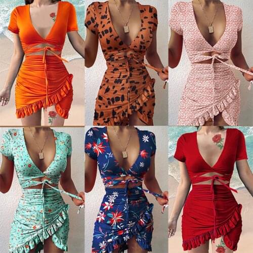 2021 ladies sexy print summer new fashion flower lace V-neck wrap mini dress holiday ruffled pleated female short-sleeved dress