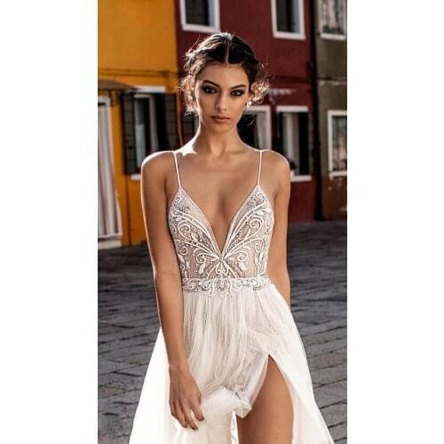 Wedding Dress Boho vestido de noiva Bohemian Side Split Lace Bridal Dress Backless Spaghetti Straps Wedding свадебное платье