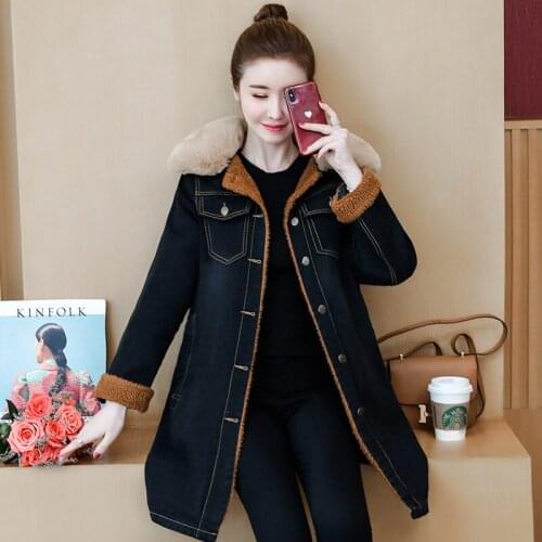 Winter Parka Coat Warm Women Fur Collar Denim Jacket Casual Outerwear Blue Fashion Thicken Jean Coat Female Black 2021