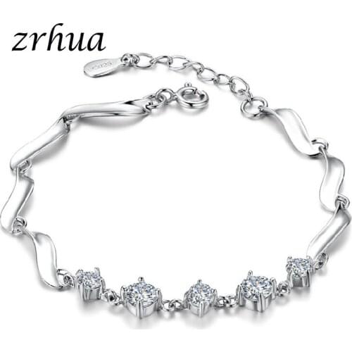 ZRHUA New Listing 925 Sterling Sliver Simple Generous Crystal Round Link Chain Ladies Bracelet Wholesale Anniversary Christmas
