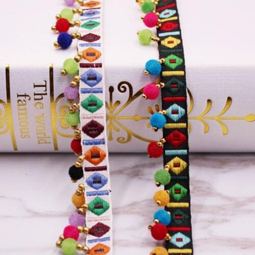 0.9m 1 PC Ethnic Braided Lace Trim Fabric with Pompom Ribbon Home Textile Wedding Dress Decoration Sewing Garment Materials 10mm