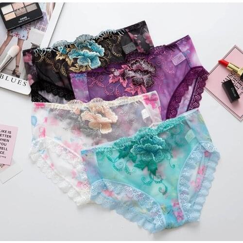 3pcs/lot New 2020 Floral Embroidery Womens Panties Sexy Perspective Lace Underwear Mid Rise Lady Pants Large Size Underwear