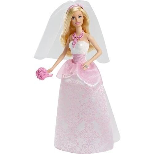 Barbie Bride Doll - Elegant and Beautiful Bride Barbie-Barbies Wedding Dress with Bridal Bouquet and Veil in White and Pink Dress